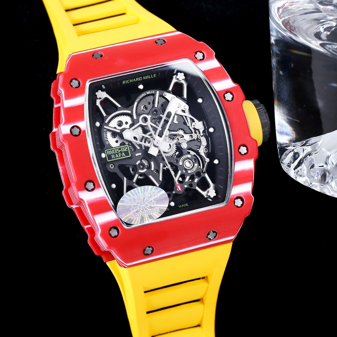 Premium Swiss Richard Mille RM 35-02 Replica Rafael Nadal Tourbillon Watch, Carbon Fiber Case, Yellow Strap