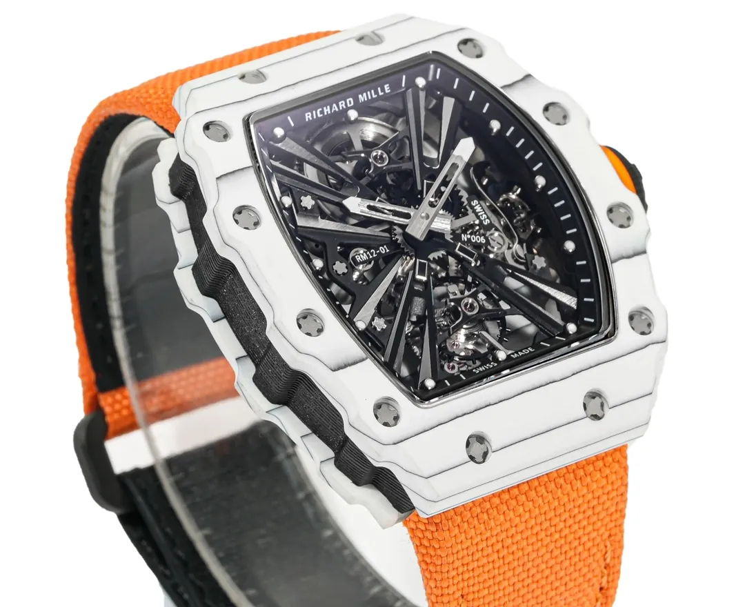 Richard Mille RM 12-01 Tourbillon Super Clone - White Carbon Fiber Orange Strap