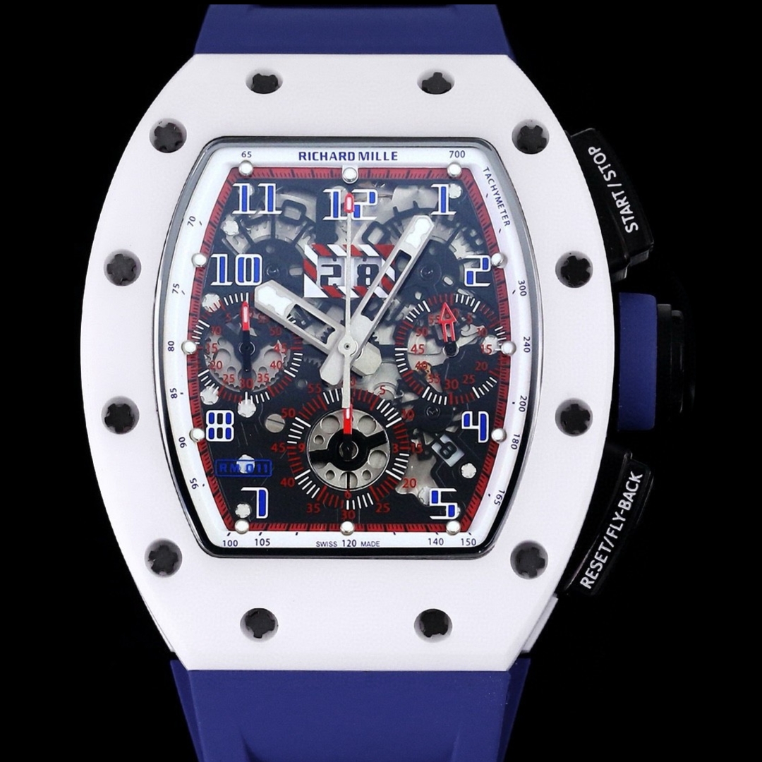 Luxury Replica Richard Mille RM 011-FM Watch – White Ceramic Case, Skeleton Dial, Blue Rubber Strap