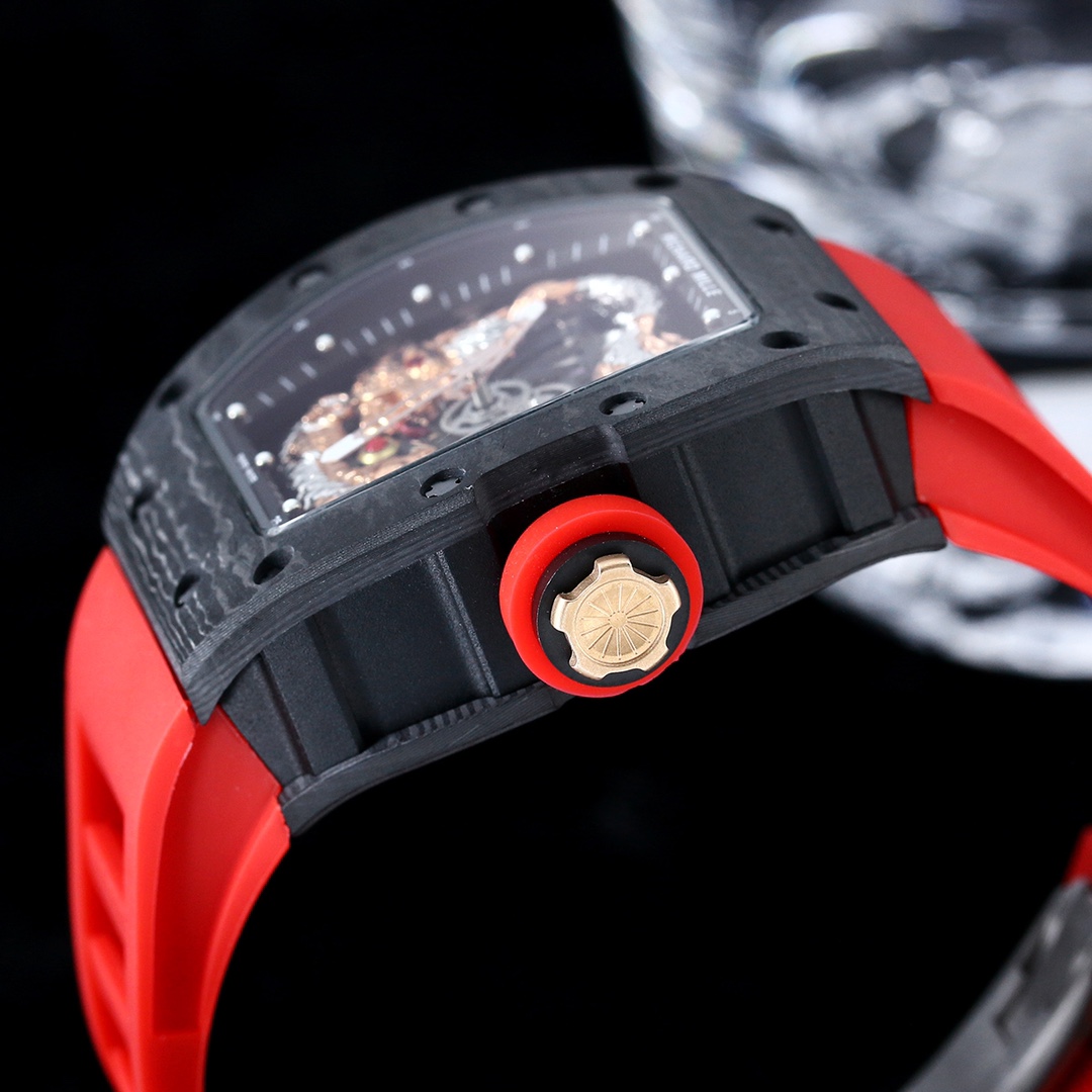 Swiss Replica Richard Mille RM 57-03 Dragon Skeleton Dial, Carbon Fiber Case, Red Rubber Strap Luxury Watch