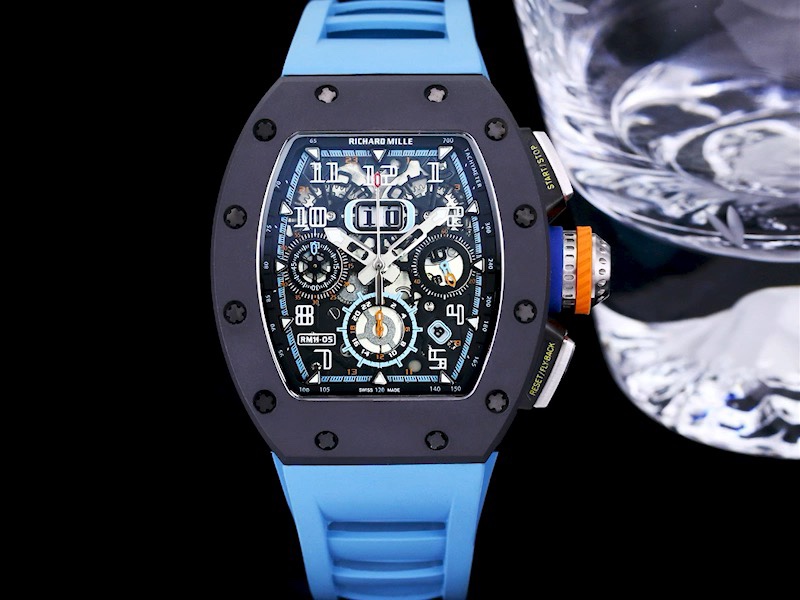 Best Replica Richard Mille RM 11-05 Swiss Watch – Blue Rubber Strap, Skeleton Dial, Carbon Fiber Case