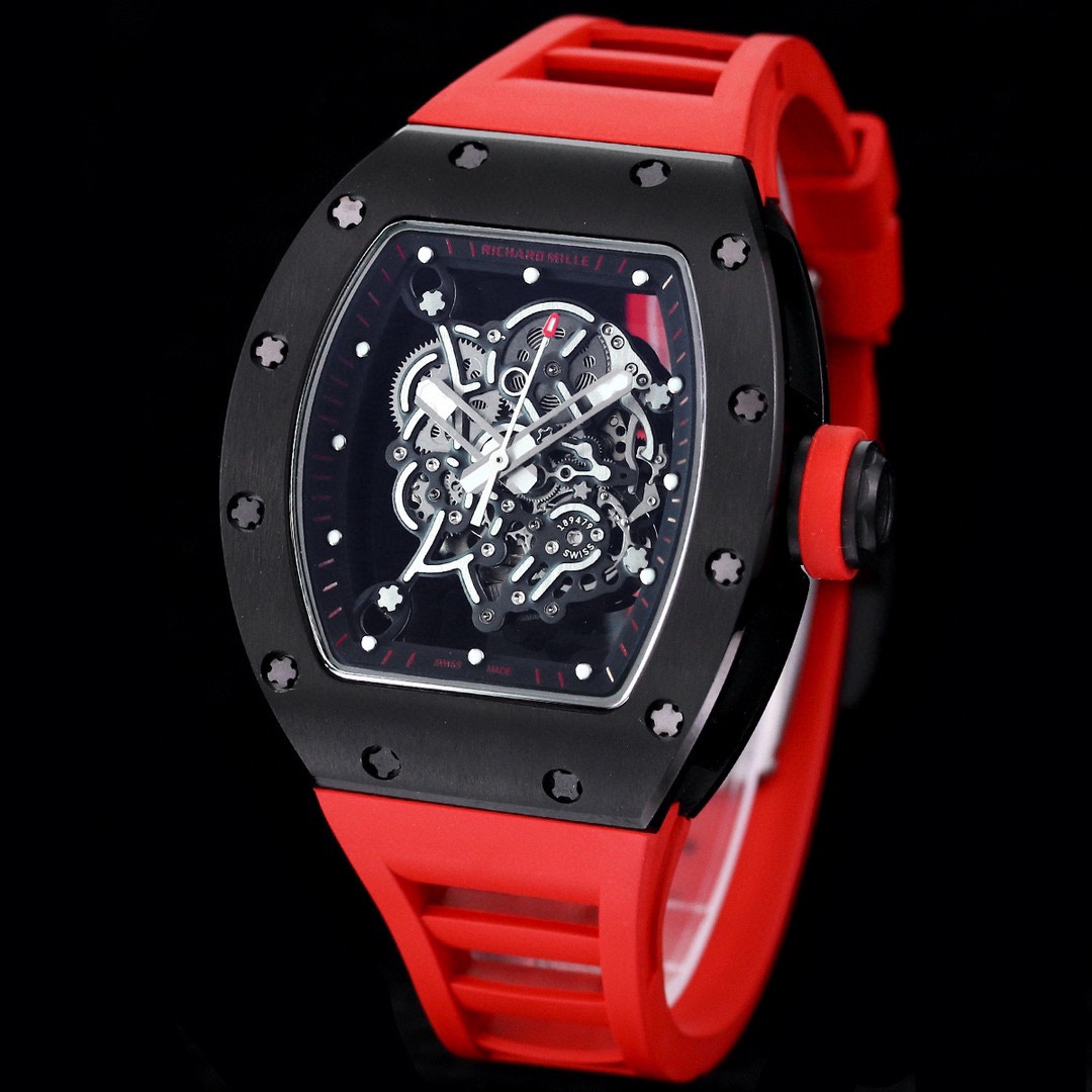 Luxurious Replica Richard Mille RM 055 Bubba Watson Black Ceramic Case with Red Rubber Strap – Bold Skeleton Dial