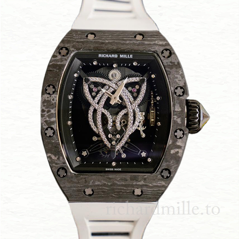 Richard Mille RM019 Men Hand Wind Watch Rubber Band Black With Diamonds Dial