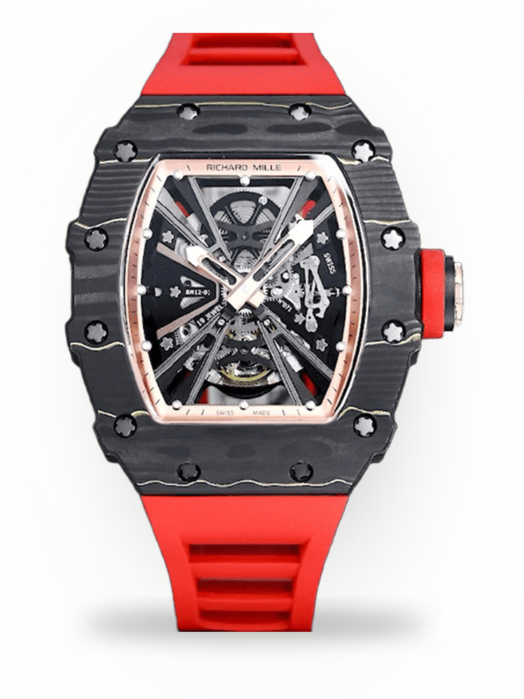 Swiss Richard Mille RM 12-01 Tourbillon Replica – Black Carbon Fiber Case With Red Rubber Strap