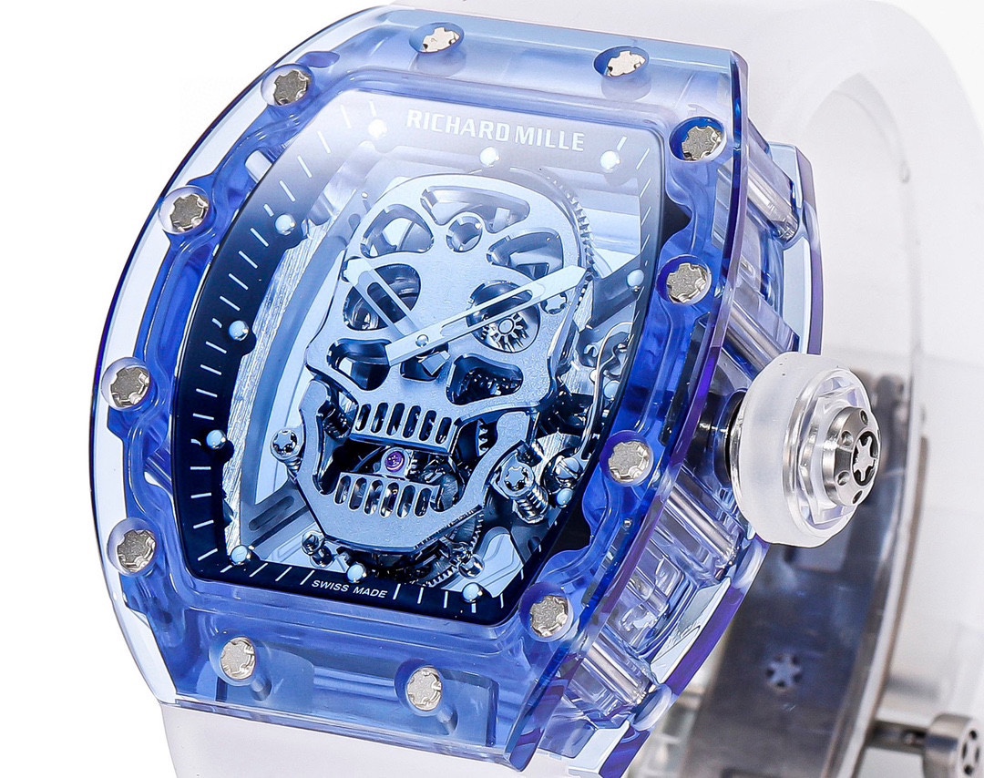 Swiss Richard Mille RM 052 Replica Tourbillon Skull Blue Sapphire Case Watch With White Rubber Strap – Bold Design