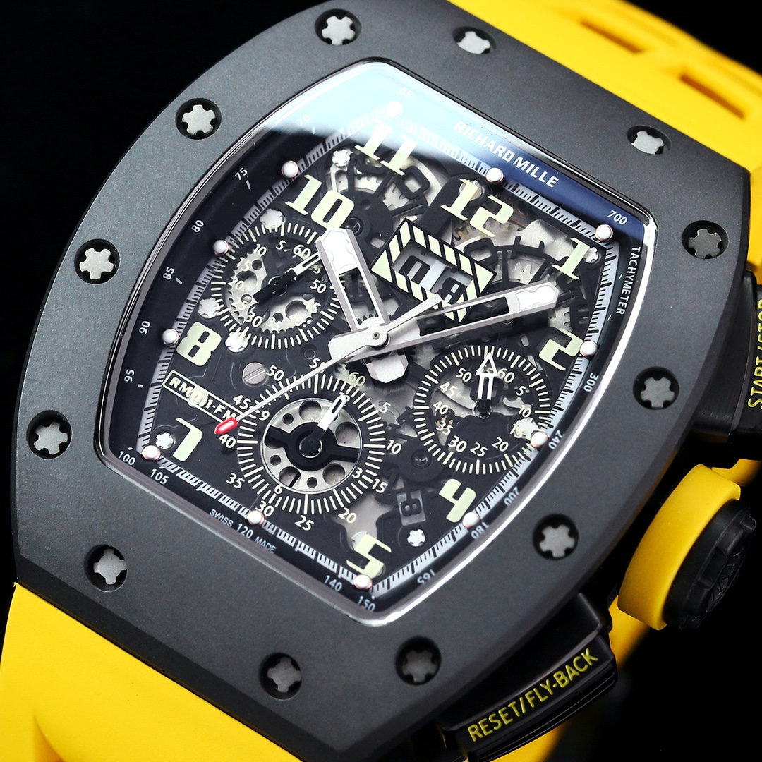 Swiss Replica Richard Mille RM 011-FM Watch – Carbon Fiber Barrel Case, Skeleton Dial, Premium Yellow Rubber Band