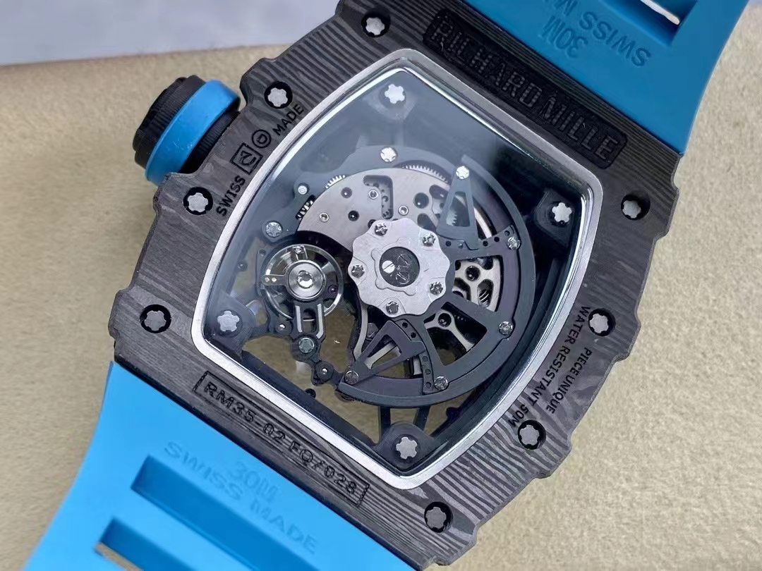 Replica Richard Mille RM 35-02 Swiss NTPT Carbon Fiber Case, Blue Rubber Strap Watch