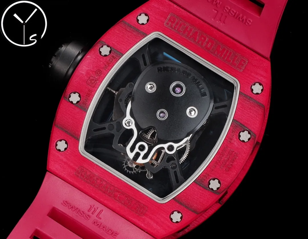 Richard Mille RM 052 Replica Red Carbon Case Skull Skeleton Dial Red Rubber Strap Luxury Sports Wristwatch