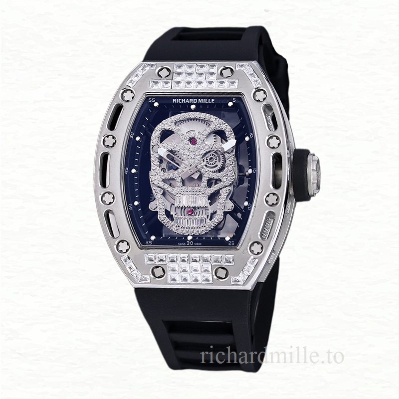 Richard Mille RM 052 Men Automatic Stainless Steel Rubber Band Diamonds Skull Dial