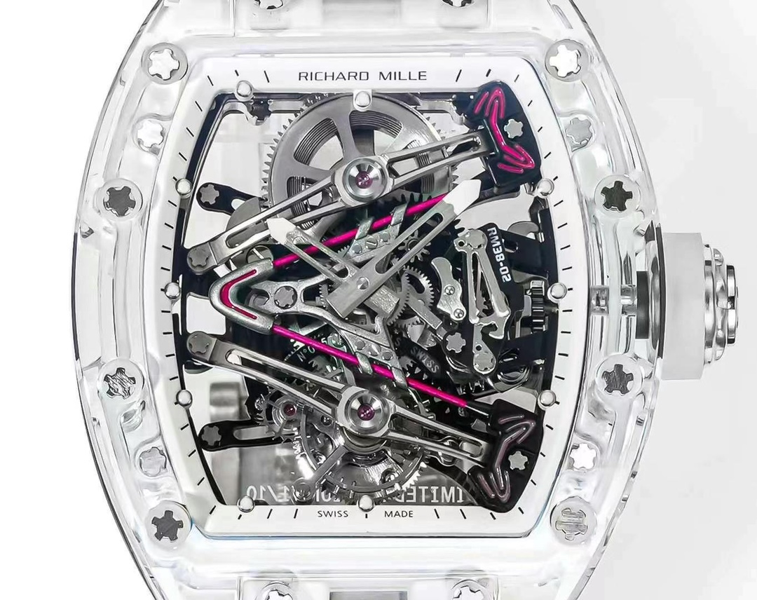 Richard Mille RM 38-02 Tourbillon Bubba Watson Pink Skeleton Crystal Transparent Super Clone Replica Watch