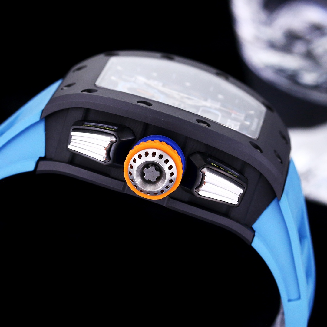 Best Replica Richard Mille RM 11-05 Swiss Watch – Blue Rubber Strap, Skeleton Dial, Carbon Fiber Case