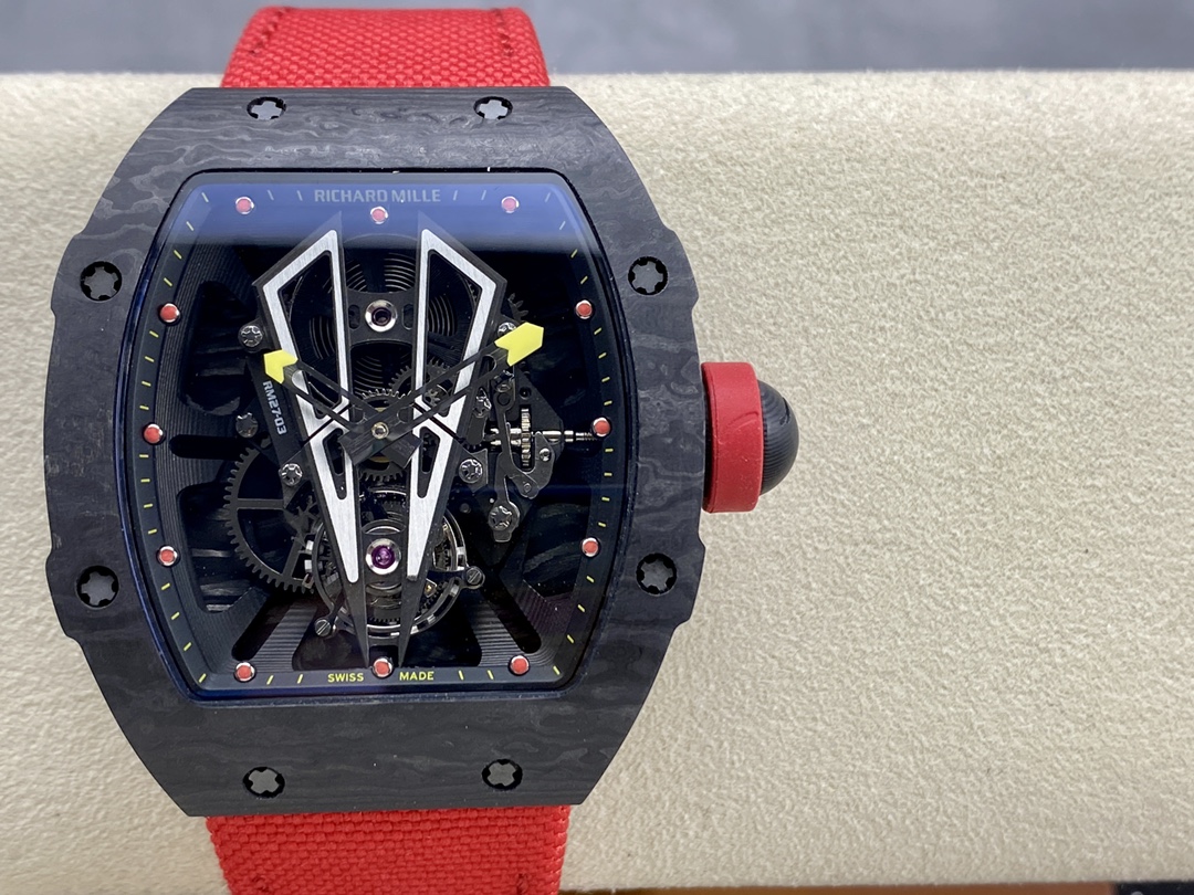 Swiss Replica Richard Mille RM27-03 Black Carbon Fiber Case with Red Woven Strap