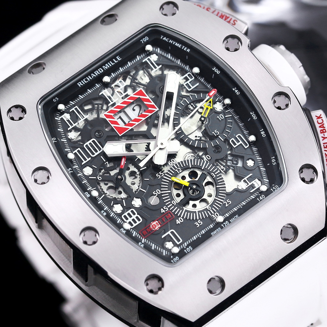 Luxury Swiss Replica Richard Mille RM 011 50mm Watch – Skeleton Dial, White Rubber Strap, Sporty Elegance