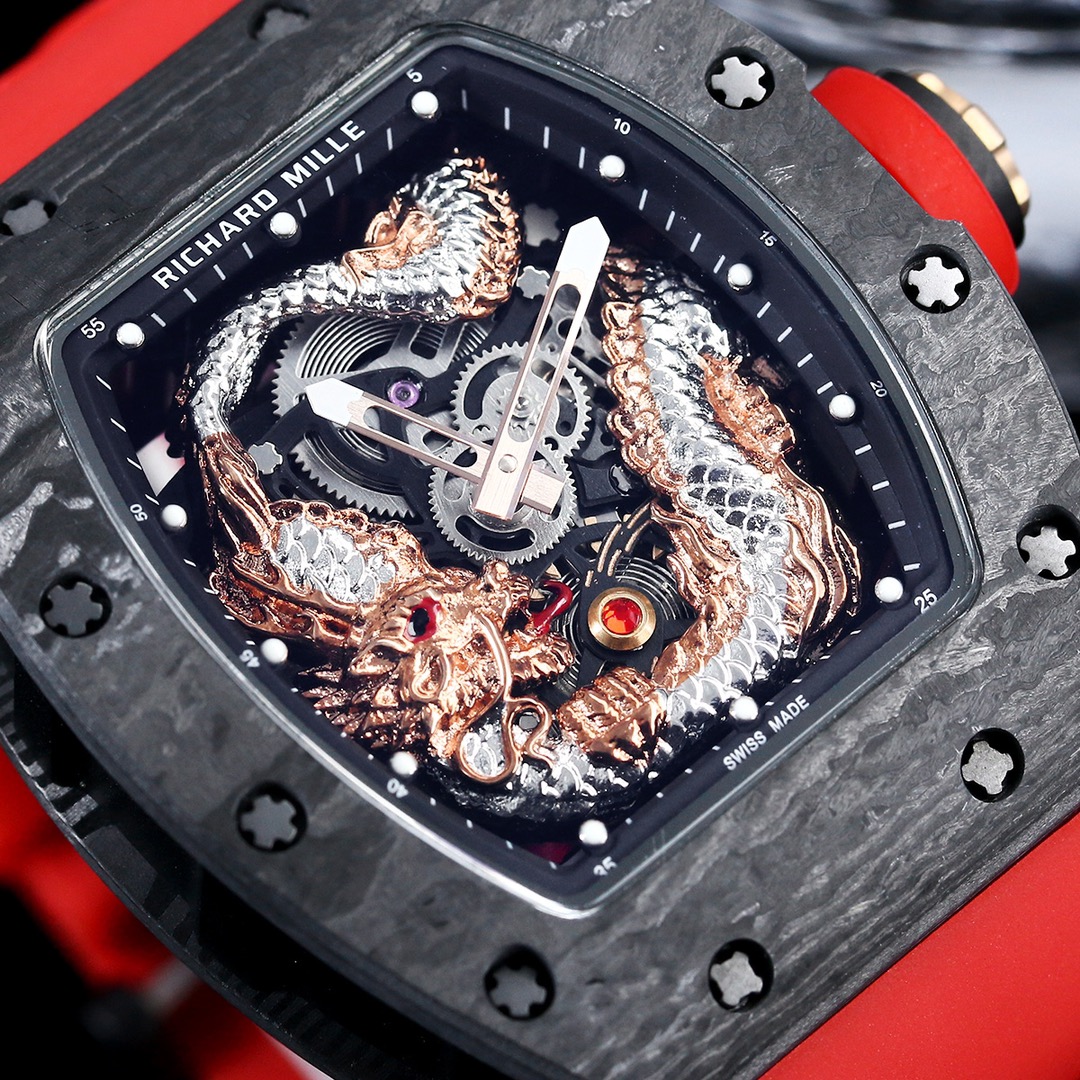 Swiss Replica Richard Mille RM 57-03 Dragon Skeleton Dial, Carbon Fiber Case, Red Rubber Strap Luxury Watch