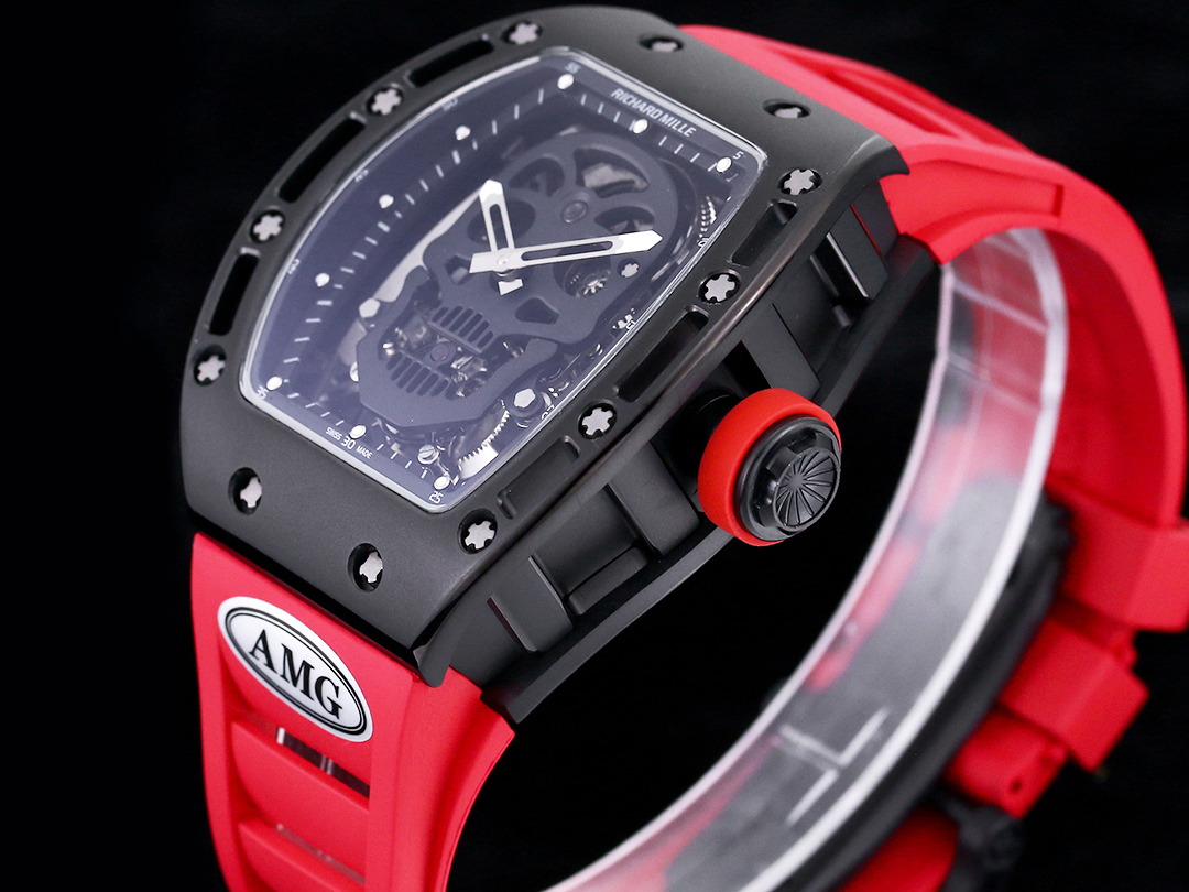 Replica Richard Mille RM052 Titanium Skeleton Tourbillon Watch with Red Rubber Strap