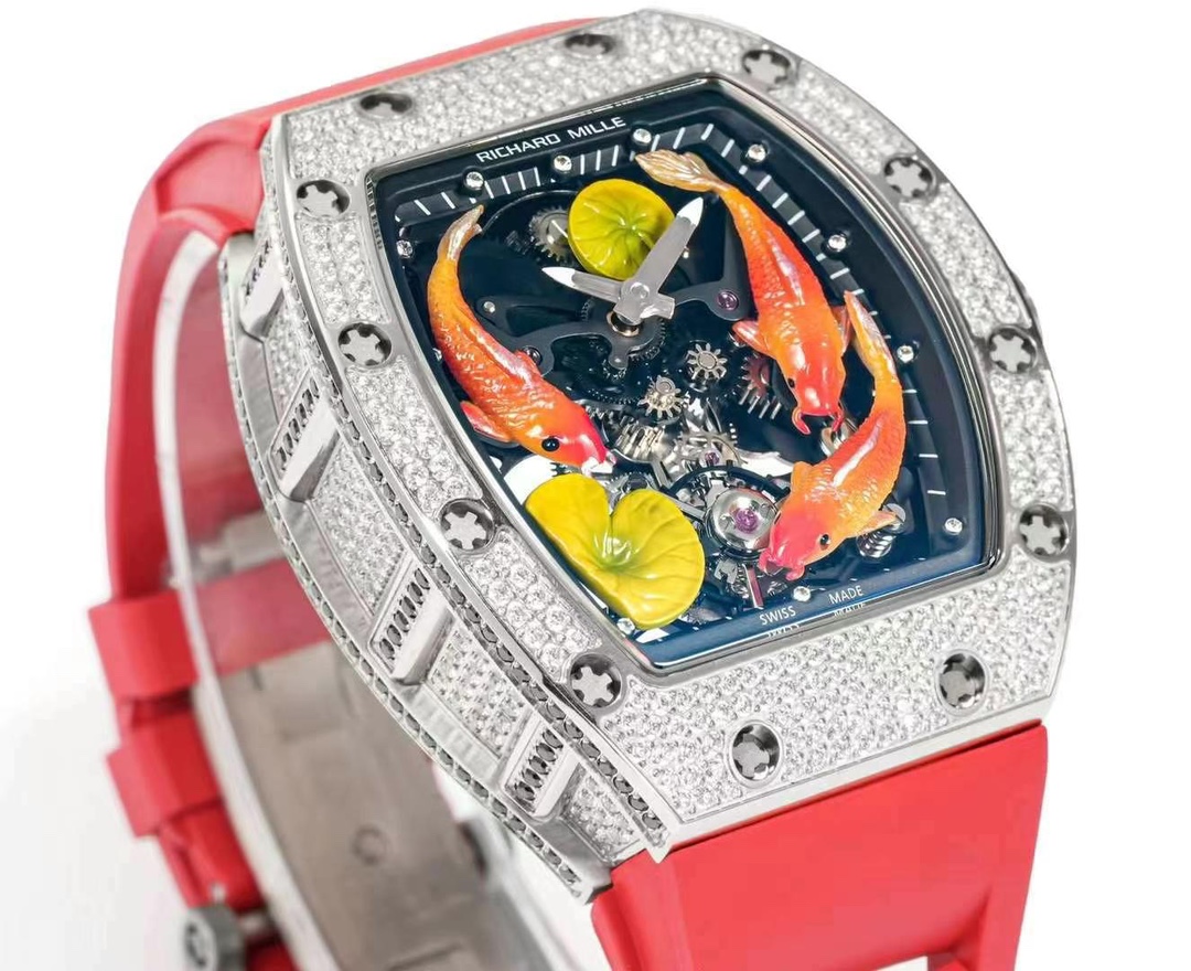 Super Clone Replica RICHARD MILLE RM S10 Koi Fish Tourbillon Watch Diamond Case Red Strap Swiss Quality