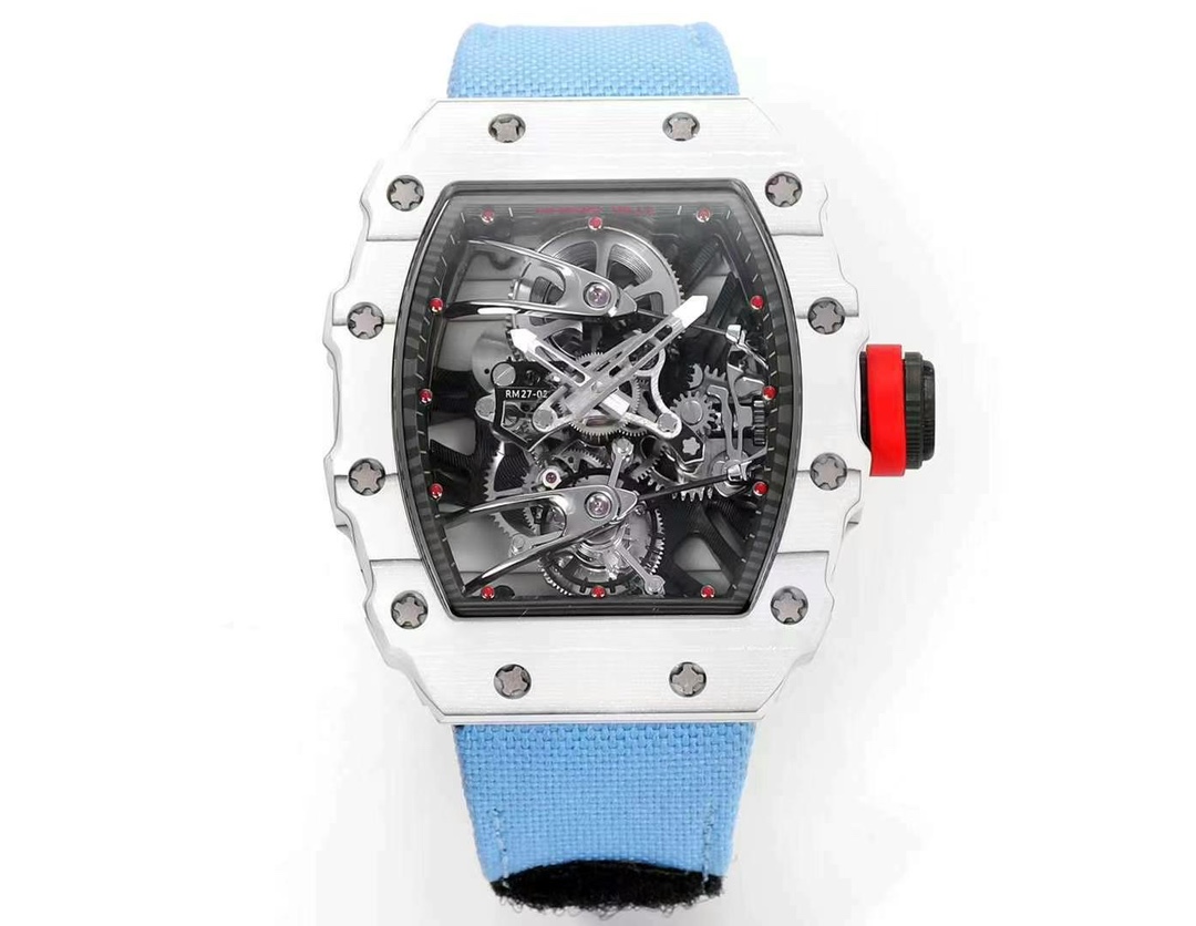 Best Richard Mille RM 27-02 Replica Rafael Nadal Tourbillon Watch – White Carbon Fiber Case, Blue Fabric Strap