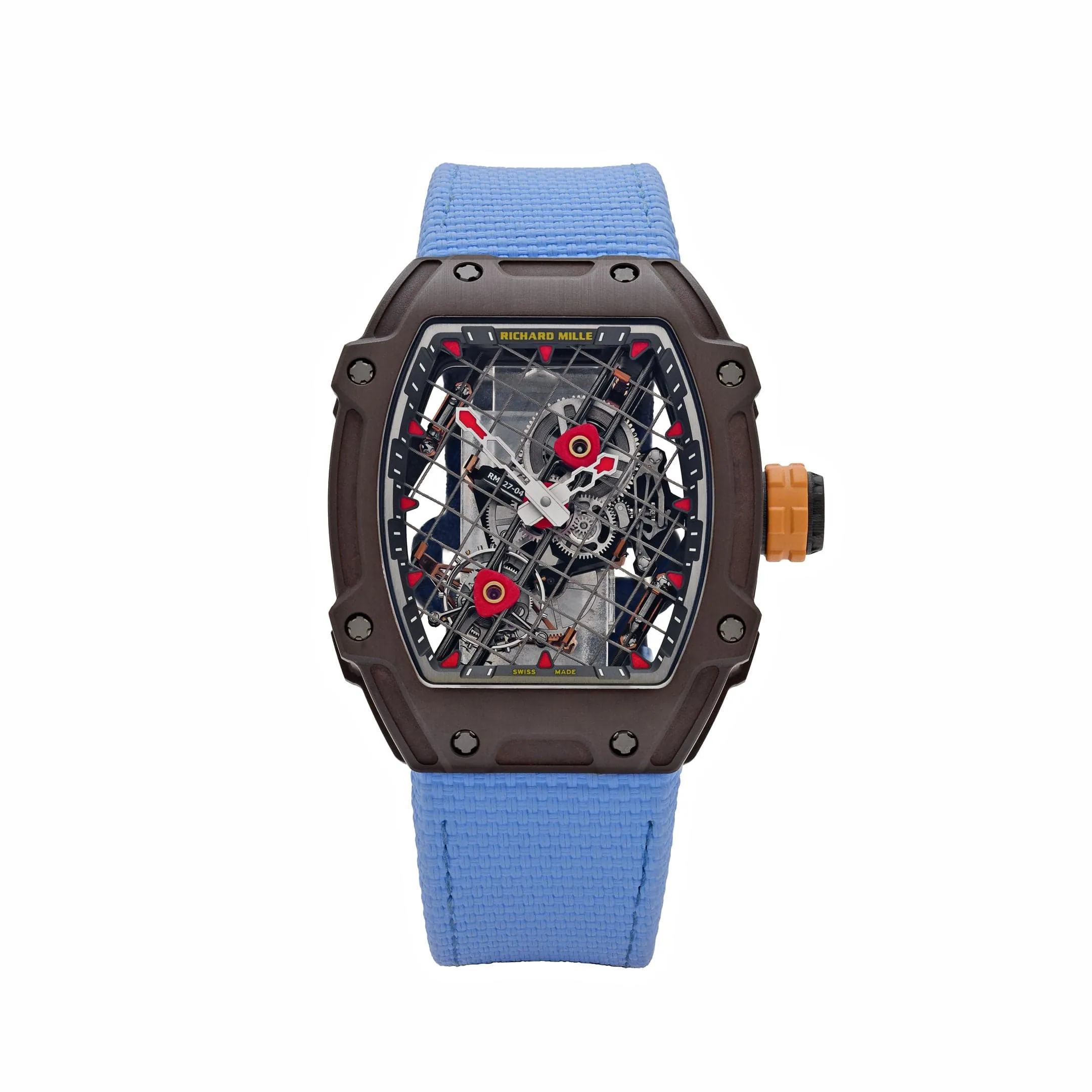 Richard Mille RM 27-04 Replica, Brown Carbon Case Skeleton Grid Dial Blue Nylon Strap Luxury Sports Wristwatch