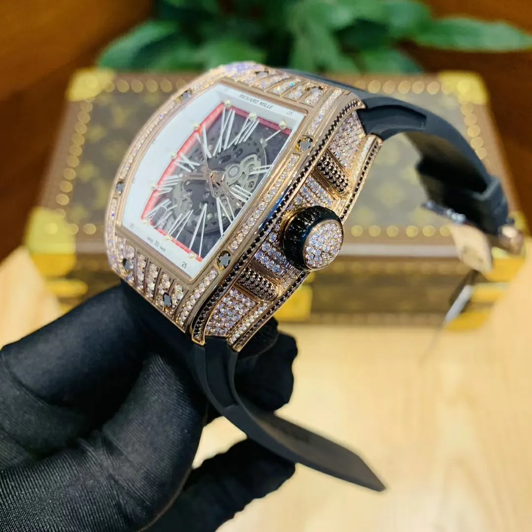 Richard Mille RM 023 Replica, Rose Gold Diamond-Set Case Skeleton Dial Black Rubber Strap Luxury Automatic Sports Wristwatch