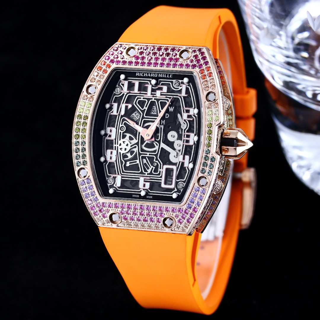 Luxury Replica Richard Mille RM 67-01 Rainbow Diamond Bezel With Orange Rubber Strap Watch