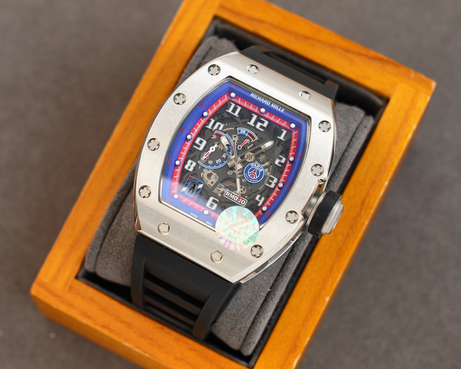 Luxury Super Clone Richard Mille RM 030 Replica PSG Watch, Skeleton Dial, Titanium Case, Black Rubber Strap