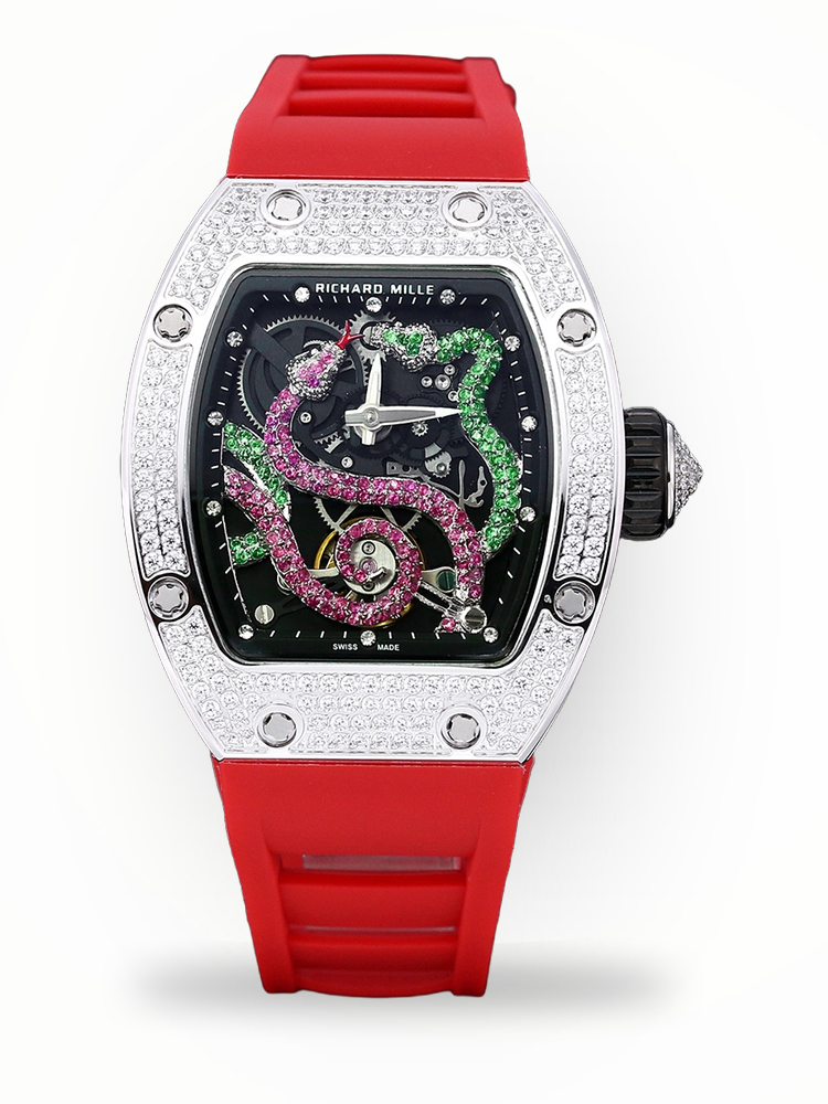 Luxurious Richard Mille RM 026 Replica Watch – Swiss Movement, Diamond-Set Steel Case, Red Rubber Strap For Elegance