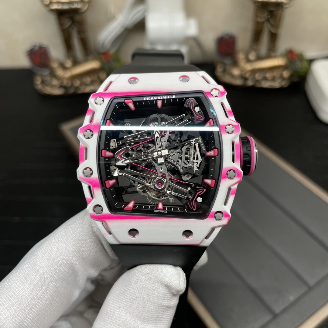 Richard Mille RM 38 02 Bubba Watson Replica Swiss Tourbillon 43mm White Pink Quartz TPT Skeleton Dial