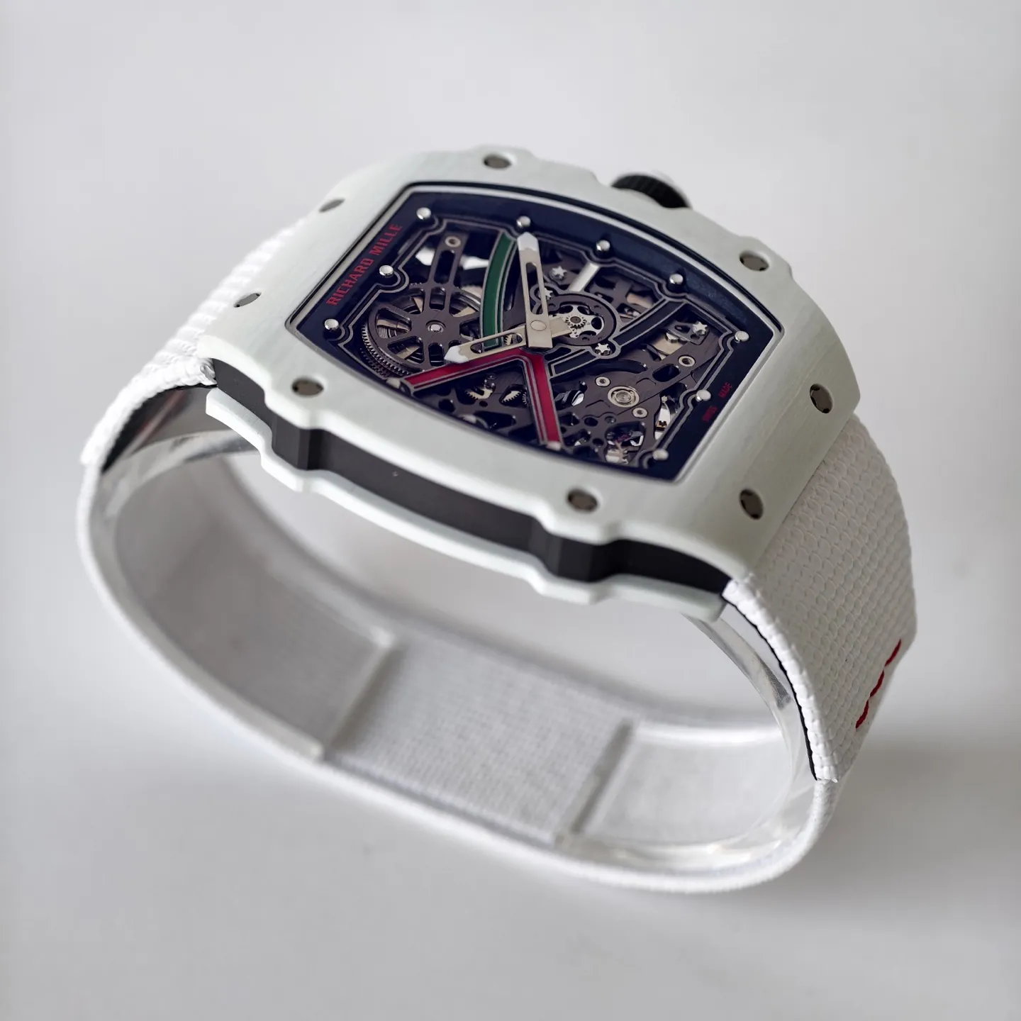 UMI RM 67-02 White Quartz TPT Carbon Case White Fabric Strap Skeleton Replica Watch