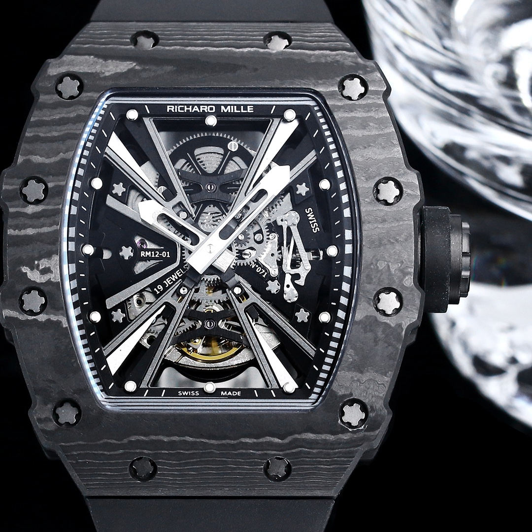Luxury Replica Richard Mille RM12-01 Tourbillon With Black Carbon Bezel, Black Rubber Strap