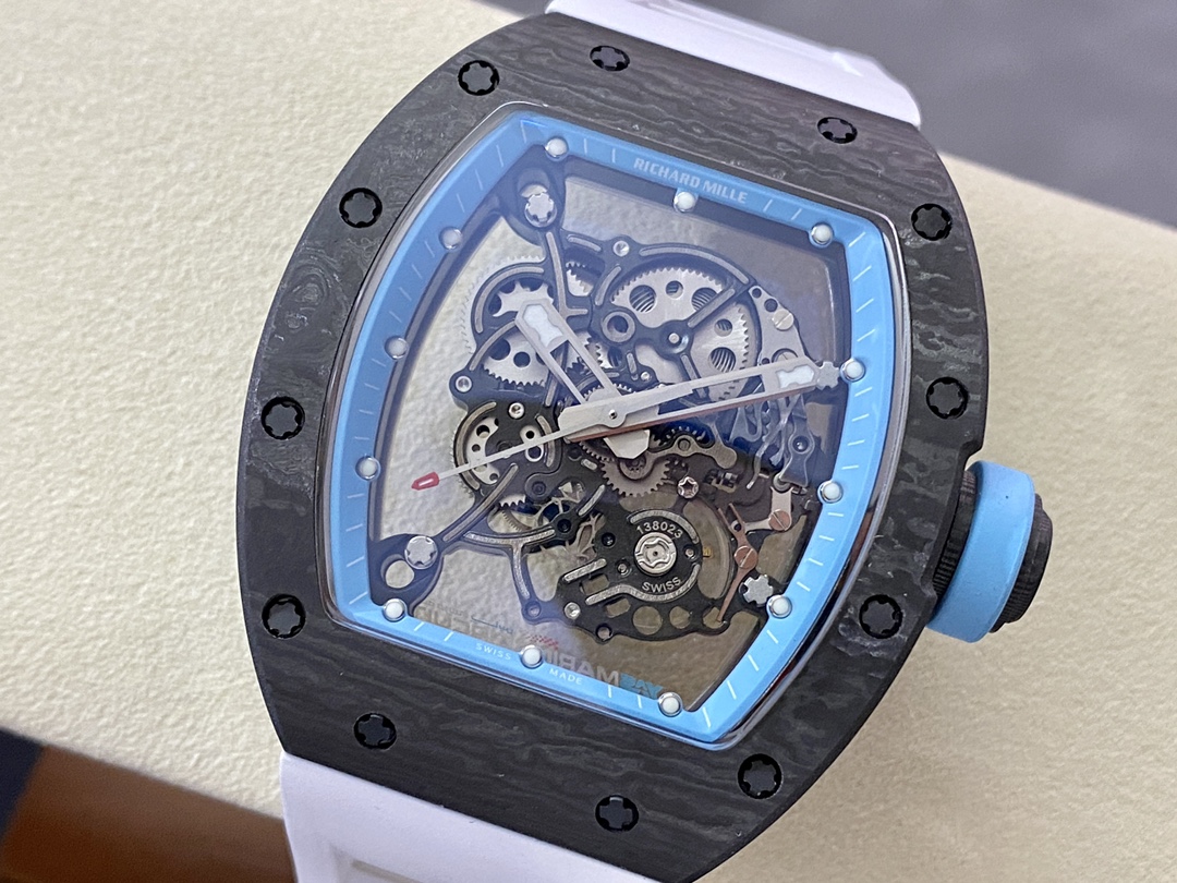 Replica Richard Mille RM055 NTPT Carbon Fiber Light Blue Skeleton Dial Super Clone Watch