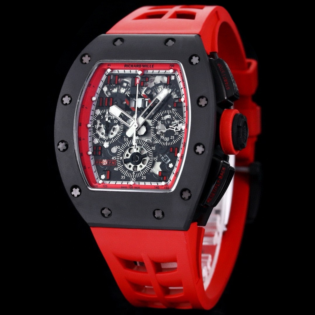 Luxury Men’s Richard Mille RM 011 Replica Watch, Black Ceramic Case, Red Rubber Strap