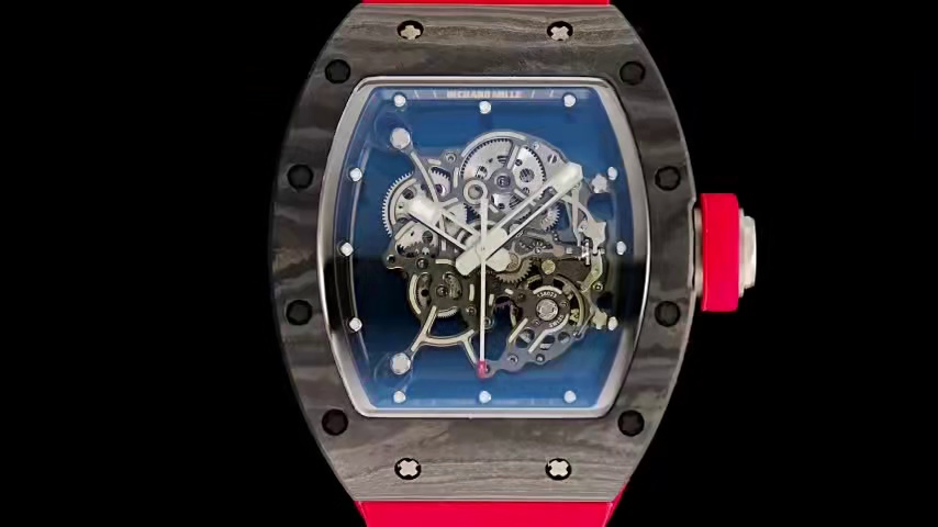 High-End Swiss Richard Mille RM 055 Replica Carbon NTPT Watch with Red Rubber Strap & Skeleton Dial