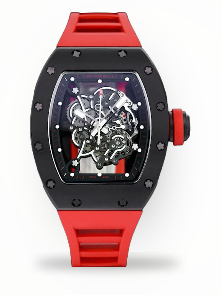 Luxurious Replica Richard Mille RM 055 Bubba Watson Black Ceramic Case with Red Rubber Strap – Bold Skeleton Dial