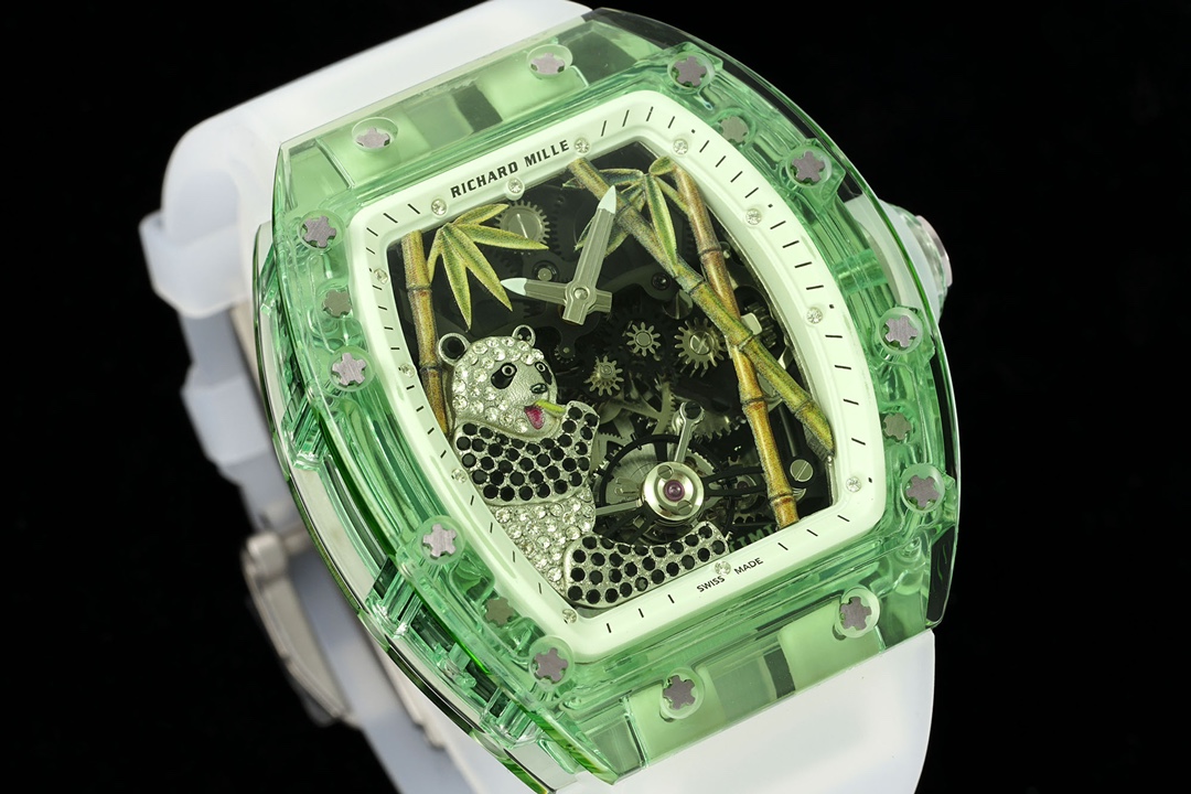 Luxury Replica Richard Mille RM 26-01 Panda Tourbillon Watch Full Crystal Case Skeleton Dial with White Rubber Strap
