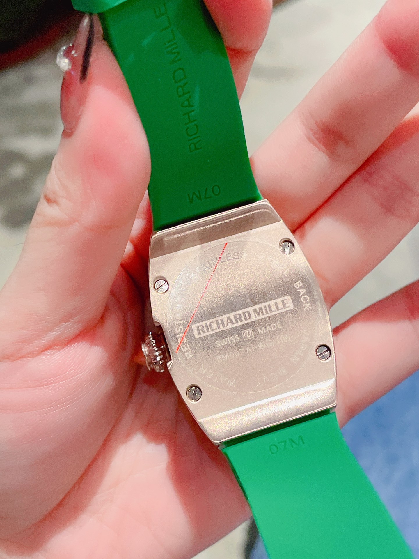 Luxury Replica Richard Mille RM 007 Ladies Diamond Set Green Strap Watch – Black Dial, Green Rubber Strap