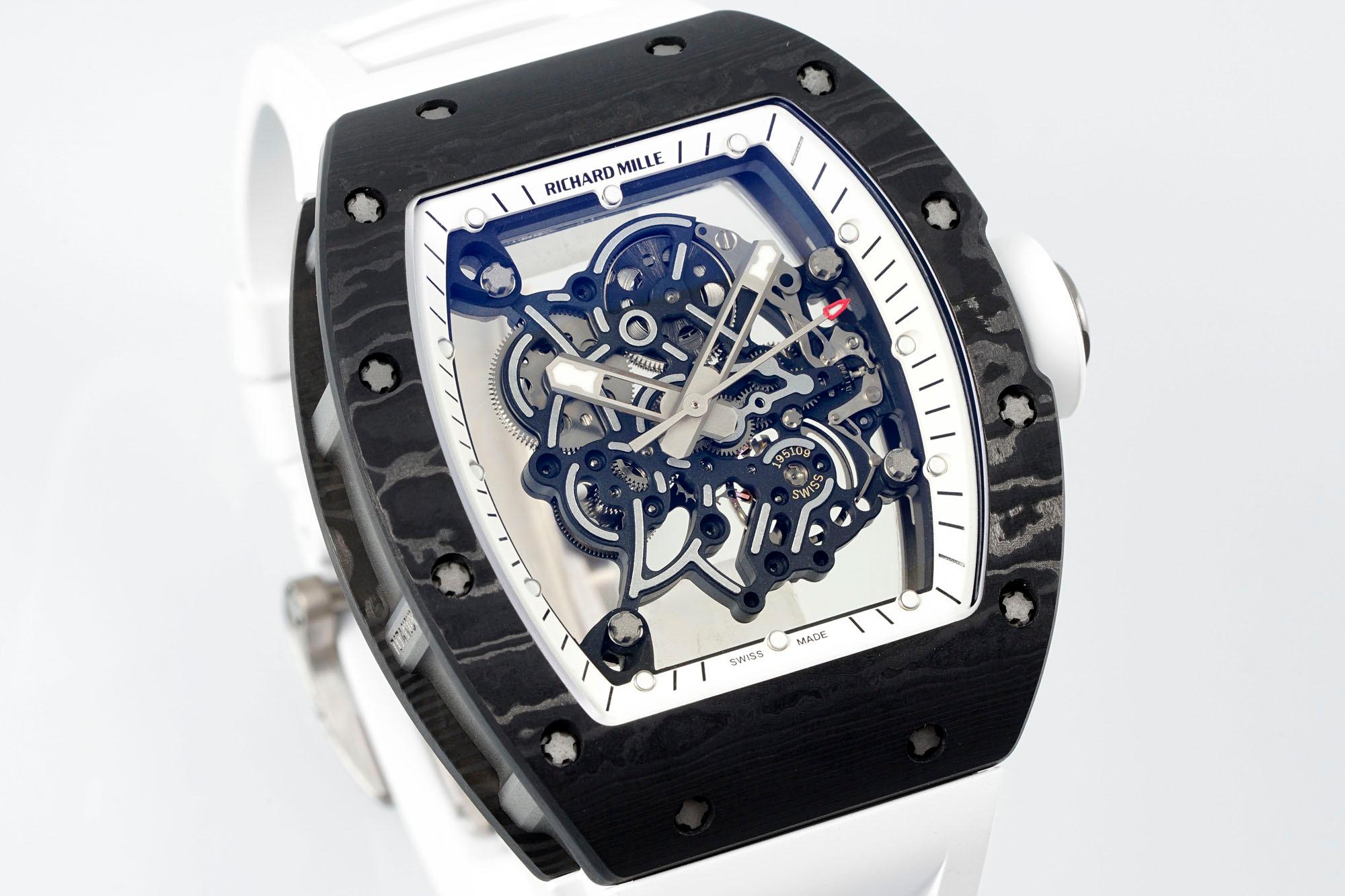 Richard Mille RM055 Skeleton Swiss Replica, Titanium Carbon Fiber Case, White Rubber Strap