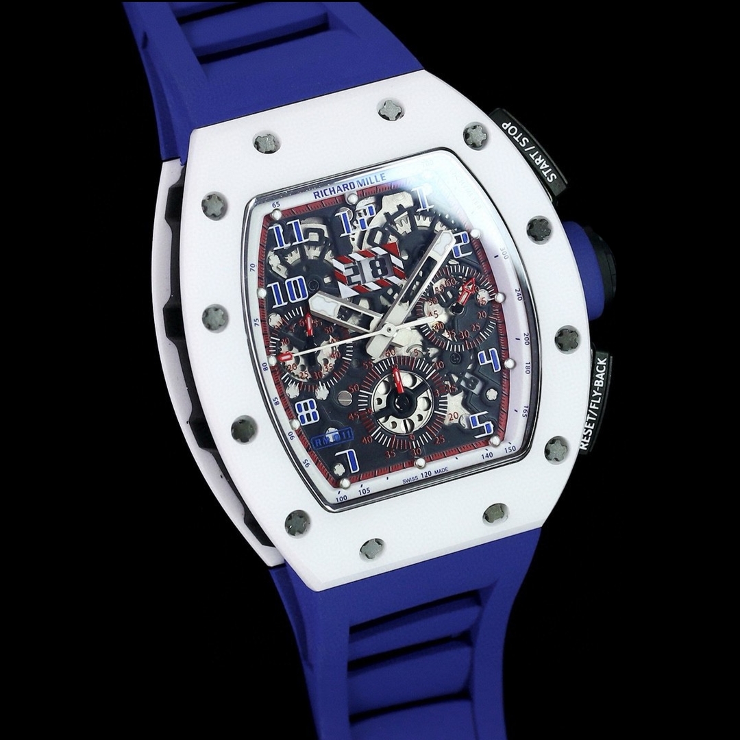 Luxury Replica Richard Mille RM 011-FM Watch – White Ceramic Case, Skeleton Dial, Blue Rubber Strap