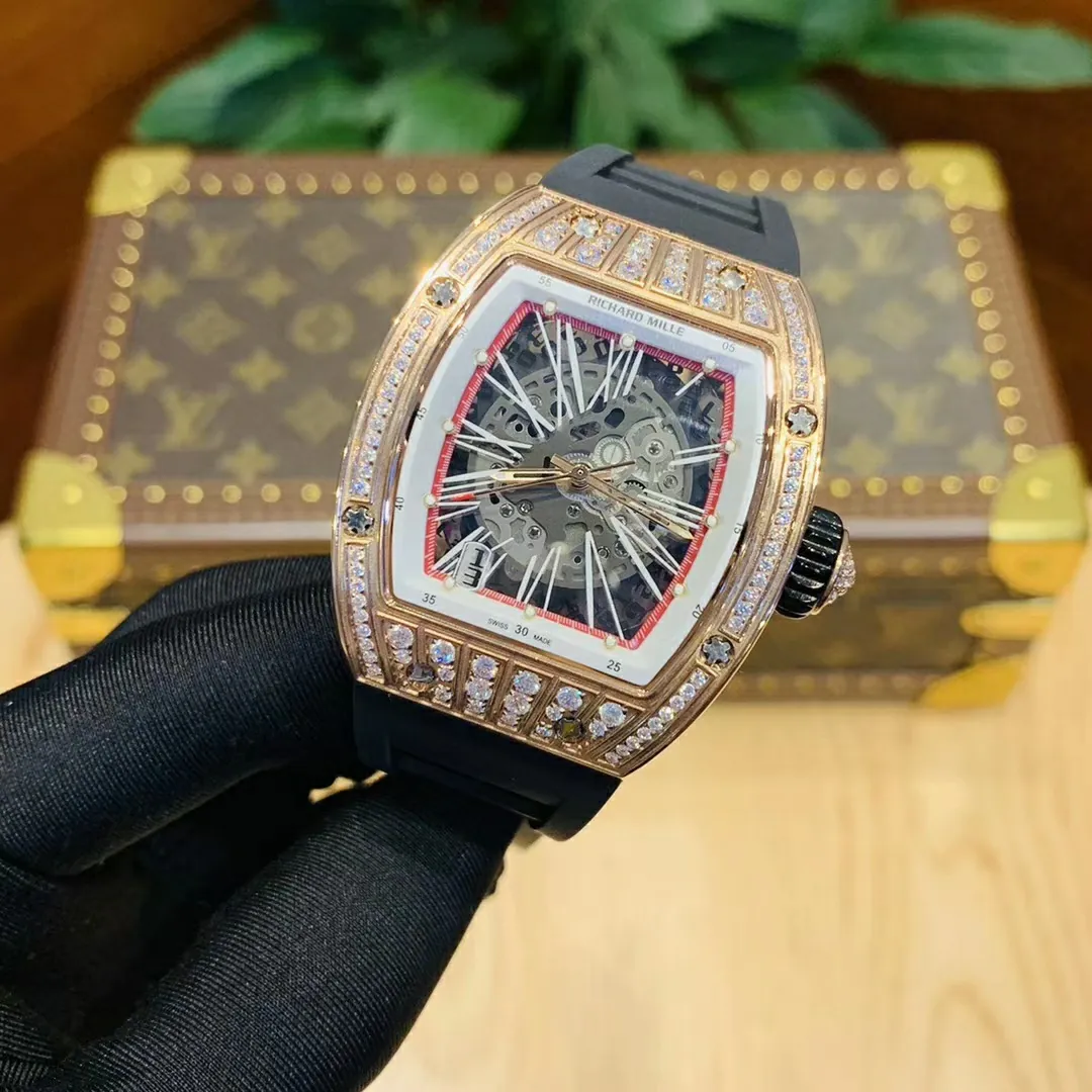 Richard Mille RM 023 Replica, Rose Gold Diamond-Set Case Skeleton Dial Black Rubber Strap Luxury Automatic Sports Wristwatch