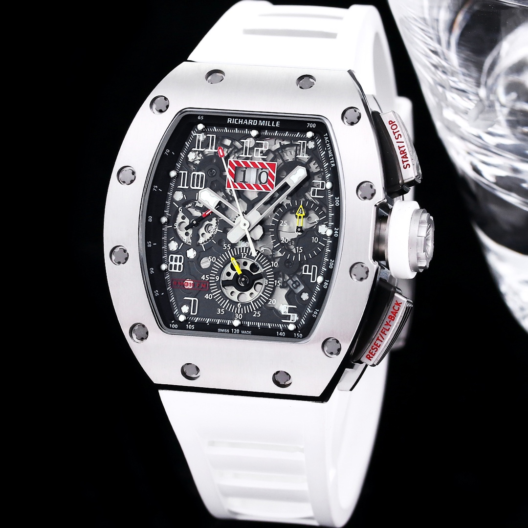 Luxury Swiss Replica Richard Mille RM 011 50mm Watch – Skeleton Dial, White Rubber Strap, Sporty Elegance