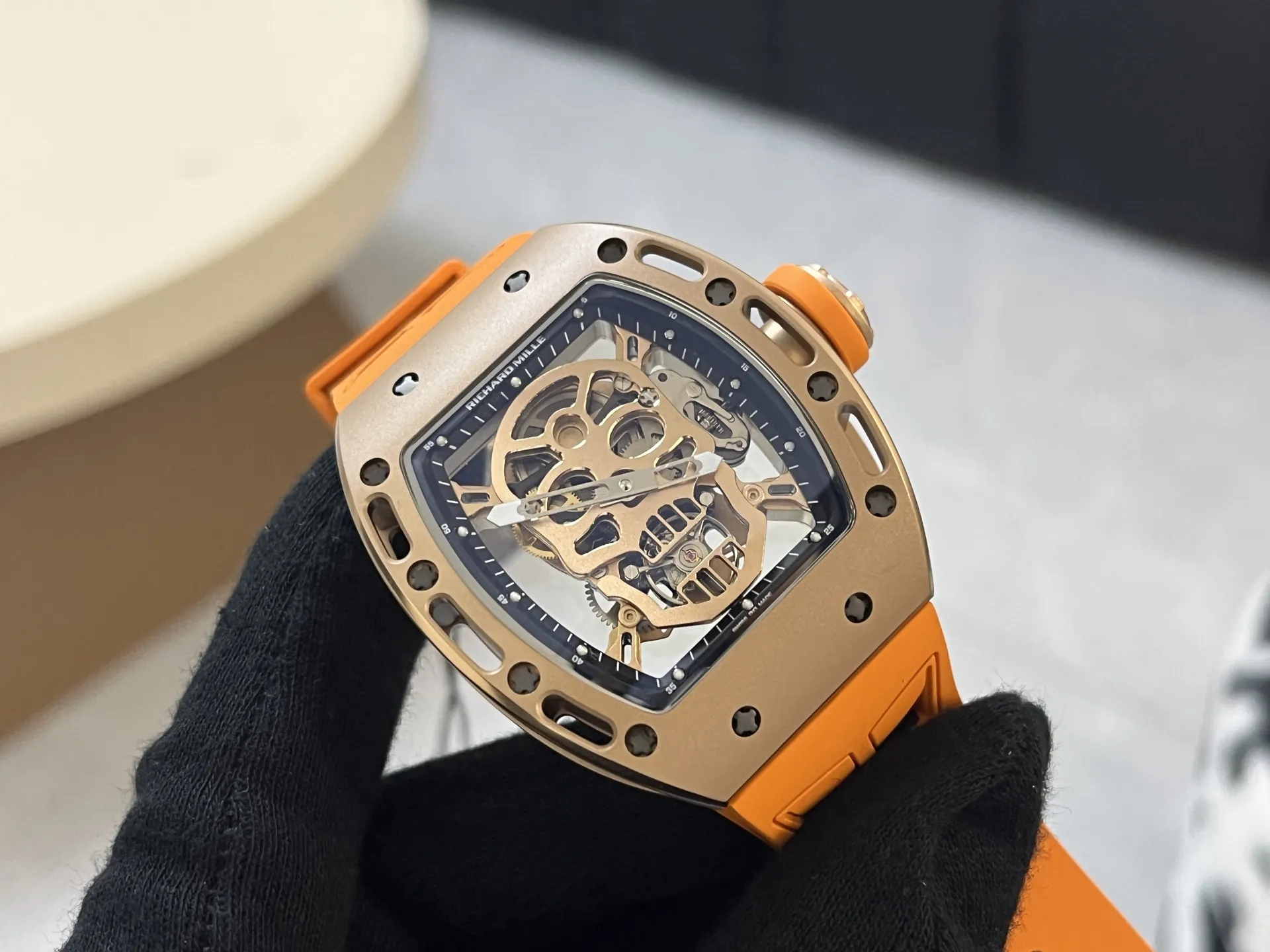 Richard Mille RM 052 Upgraded Tourbillon Movement Skull Rose Gold Super Clone - Orange Rubber Strap