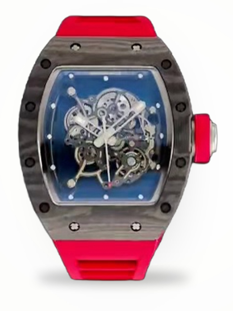 High-End Swiss Richard Mille RM 055 Replica Carbon NTPT Watch with Red Rubber Strap & Skeleton Dial