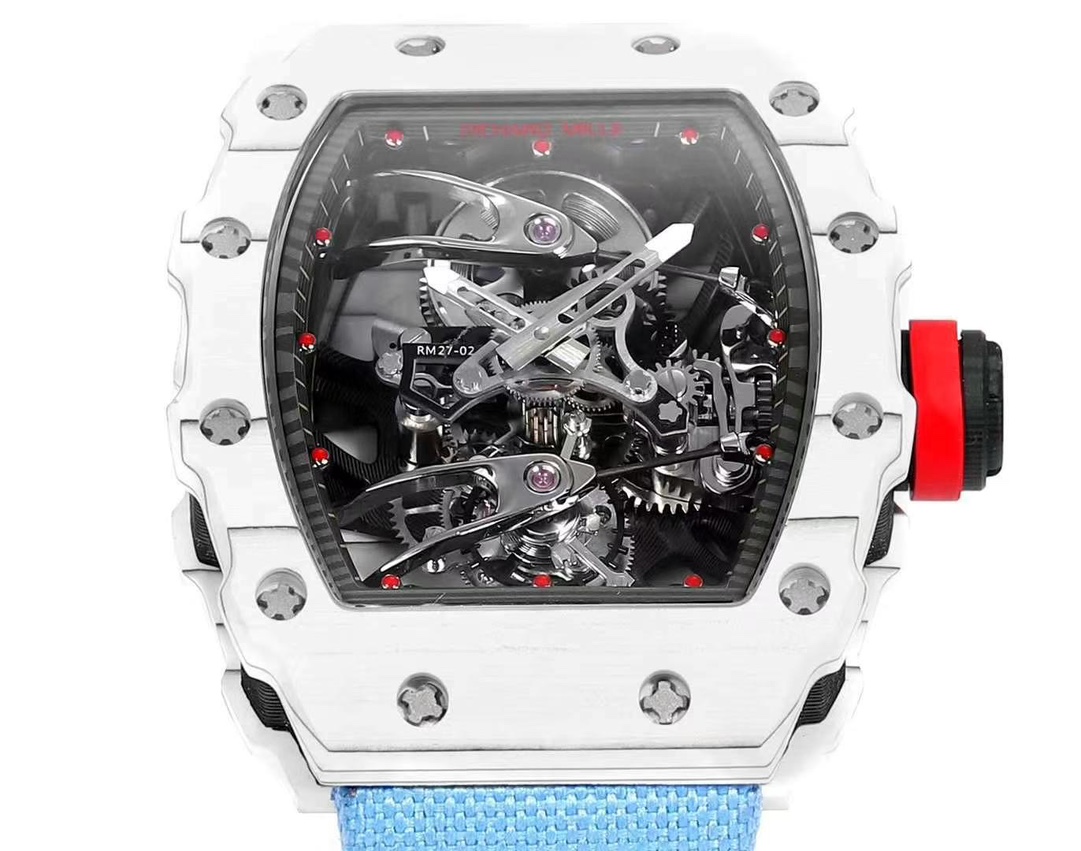 Best Richard Mille RM 27-02 Replica Rafael Nadal Tourbillon Watch – White Carbon Fiber Case, Blue Fabric Strap