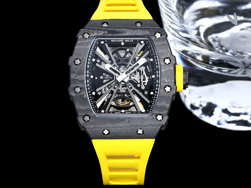 Swiss Replica Richard Mille RM 12-01 Tourbillon – Bold Yellow Rubber Strap, Skeleton Dial, Carbon Case