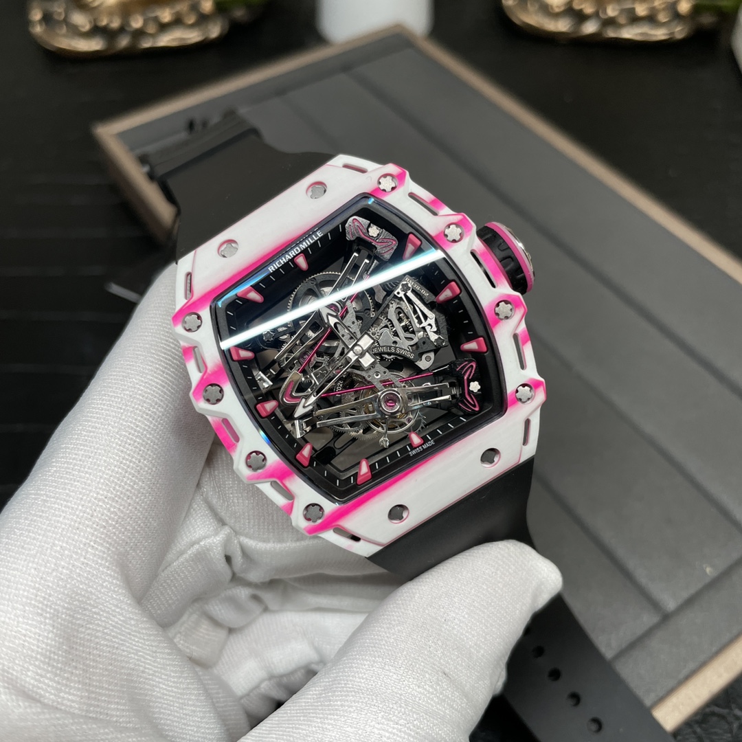 Richard Mille RM 38 02 Bubba Watson Replica Swiss Tourbillon 43mm White Pink Quartz TPT Skeleton Dial