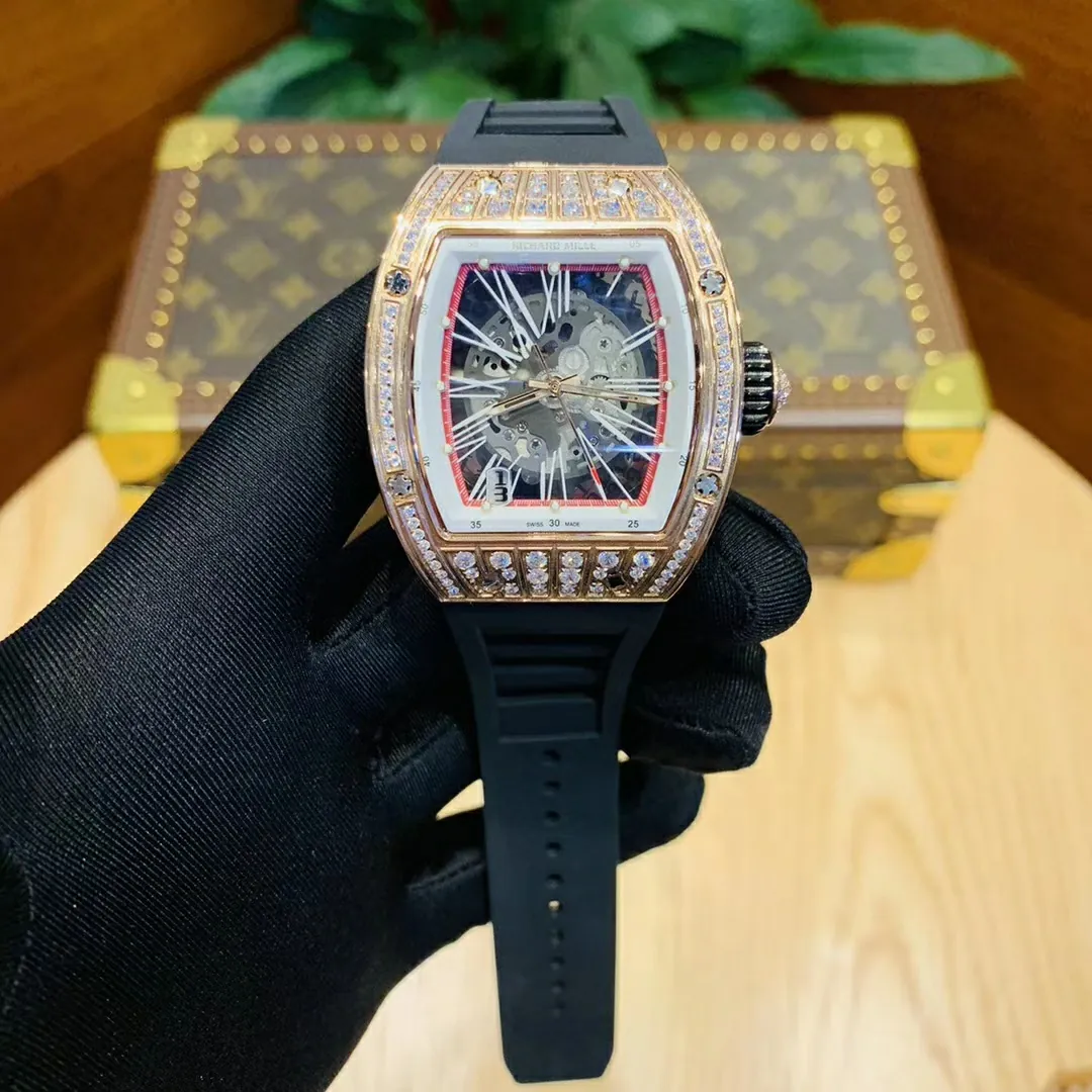 Richard Mille RM 023 Replica, Rose Gold Diamond-Set Case Skeleton Dial Black Rubber Strap Luxury Automatic Sports Wristwatch