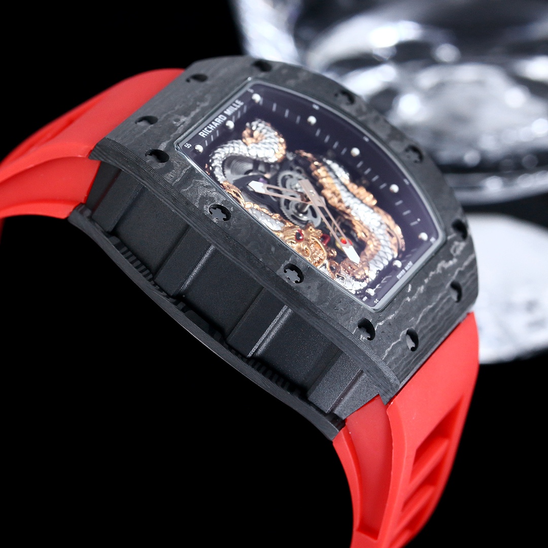 Swiss Replica Richard Mille RM 57-03 Dragon Skeleton Dial, Carbon Fiber Case, Red Rubber Strap Luxury Watch