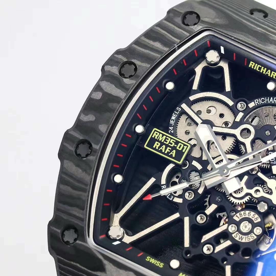 Top Swiss Replica Richard Mille RM35-01 – Carbon Fiber Case & White Rubber Strap
