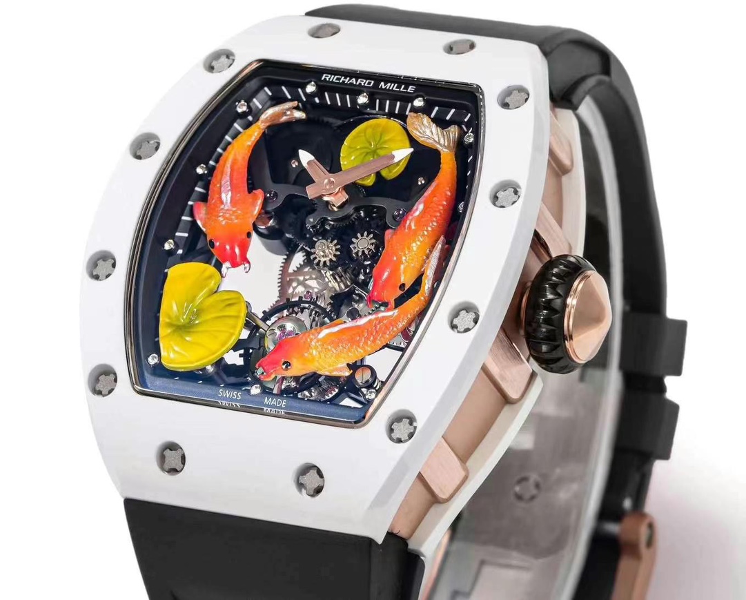 Replica Richard Mille RM S10 Koi Tourbillon Watch with Black Rubber Strap
