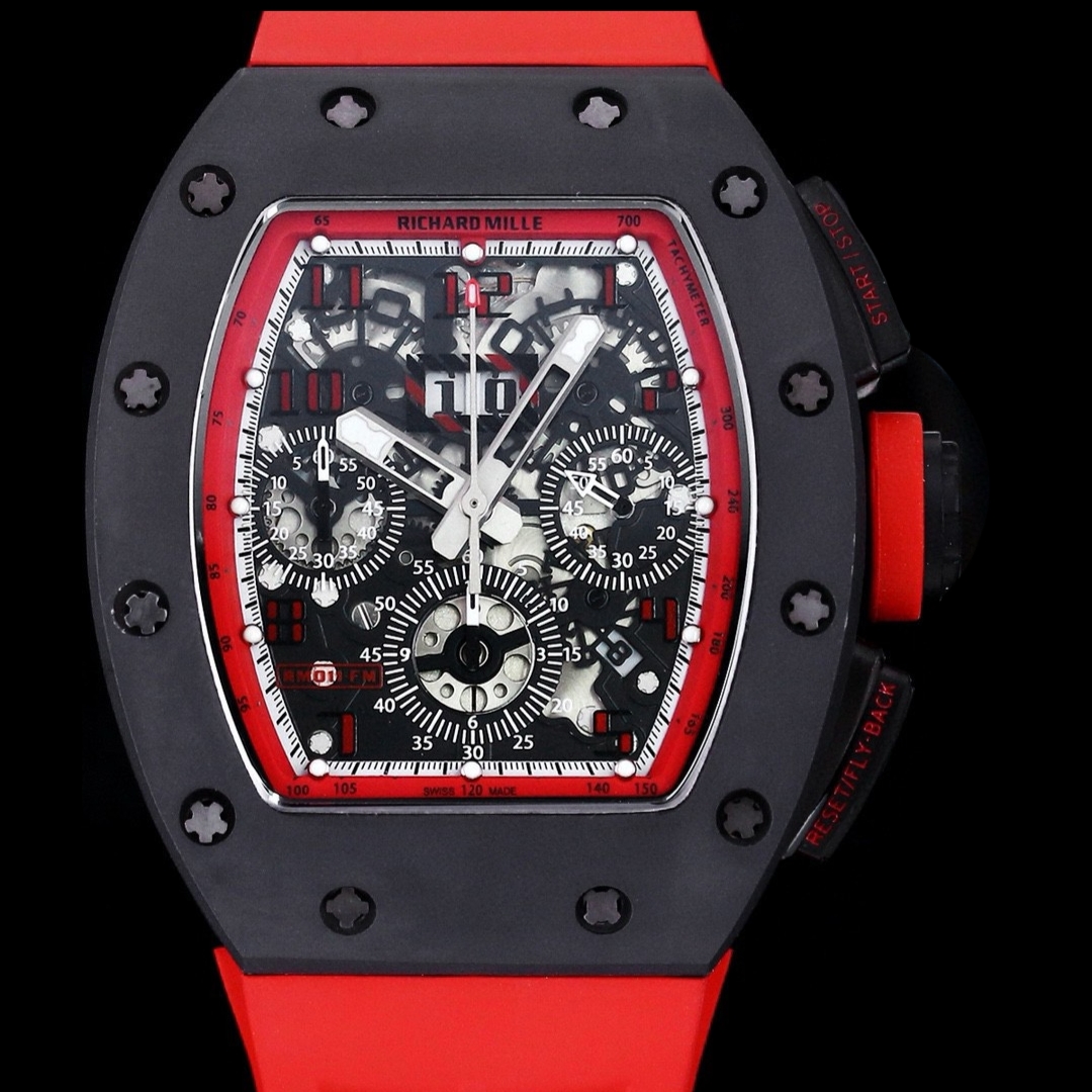 Luxury Men’s Richard Mille RM 011 Replica Watch, Black Ceramic Case, Red Rubber Strap