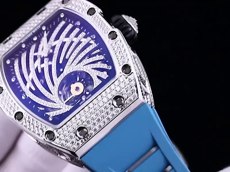 Luxury Swiss Richard Mille RM 51-02 Replica – Diamond-Paved Skeleton Dial, Blue Rubber Strap, High-End Tourbillon Watch